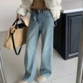 阔腿牛仔长裤 3123 2025冬高腰弹力复合加厚绒水洗做旧浅蓝窄版