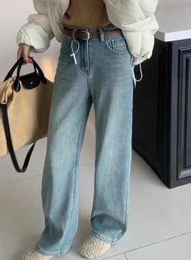 EE 3123#2025冬高腰弹力复合加厚绒水洗做旧浅蓝窄版阔腿牛仔长裤