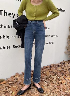 凤德堡fengdebao 26725#冬高腰弹力磨毛抓薄绒拼接毛边直筒牛仔裤