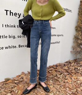 凤德堡fengdebao 26725#冬高腰弹力磨毛抓薄绒拼接毛边直筒牛仔裤