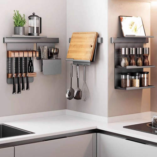 铝合金厨房墙面置物架调料架砧板刀架筷勺笼实木磁吸刀具架锅盖架