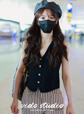 田曦薇明星同款黑色西装马甲无袖背心女春夏短款气质法式针织上衣