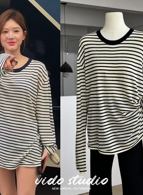 赵露思许妍同款长袖条纹针织衫女宽松弛感慵懒风罩衫薄上衣T恤秋