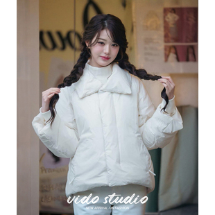 张元英同款韩系白色翻领短款羽绒服女冬季小个子面包服宽松外套厚