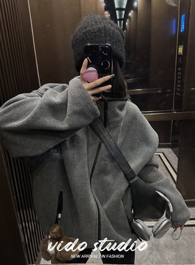 25冬季灰色立领夹克外套宽松摇粒绒卫衣宽松慵懒松弛感拉链外套厚