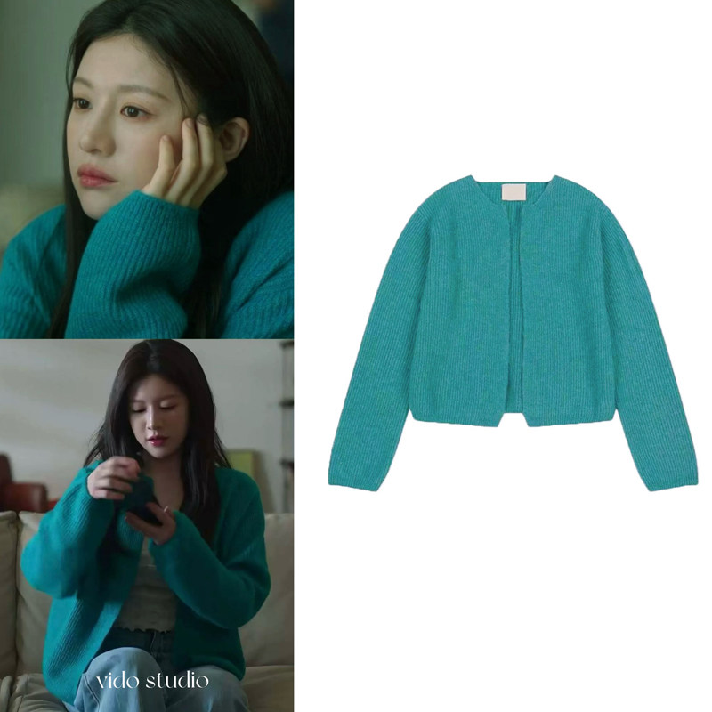 爱情怎么翻译高允真同款韩系慵懒风蓝绿色针织开衫短款毛衣外套女