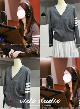 赵露思同款tb灰色V领针织开衫女四道杠条纹短款学院风羊毛衣外套