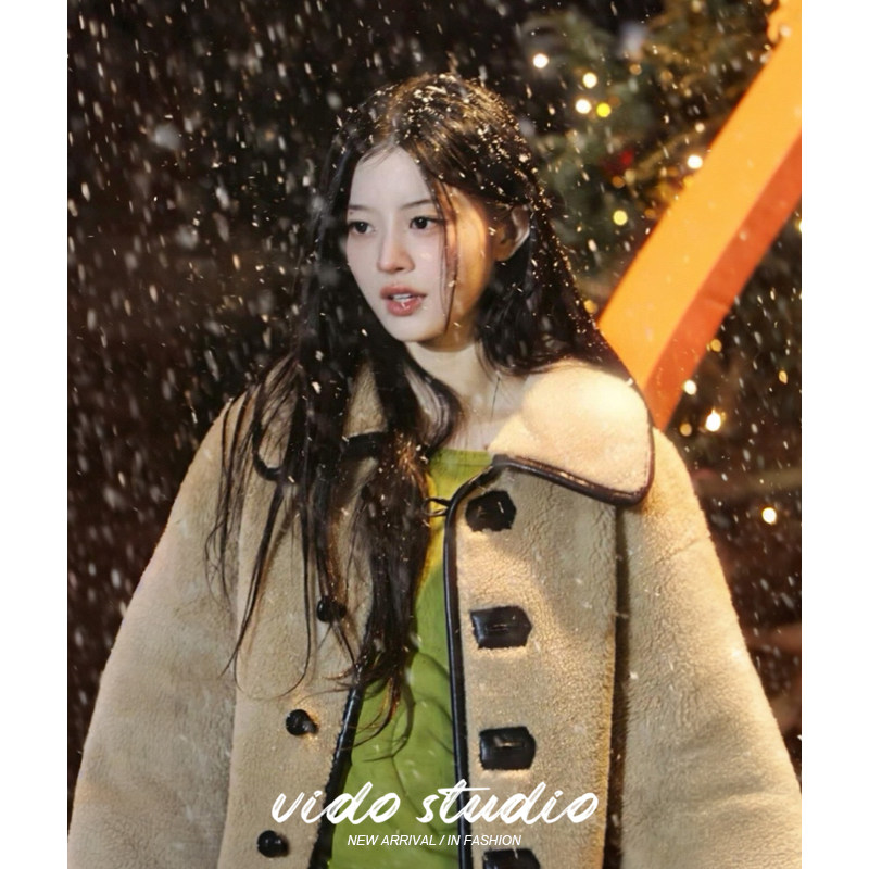 minju朴敏珠同款宽松韩系羊羔毛外套皮草毛绒中长款皮毛一体大衣