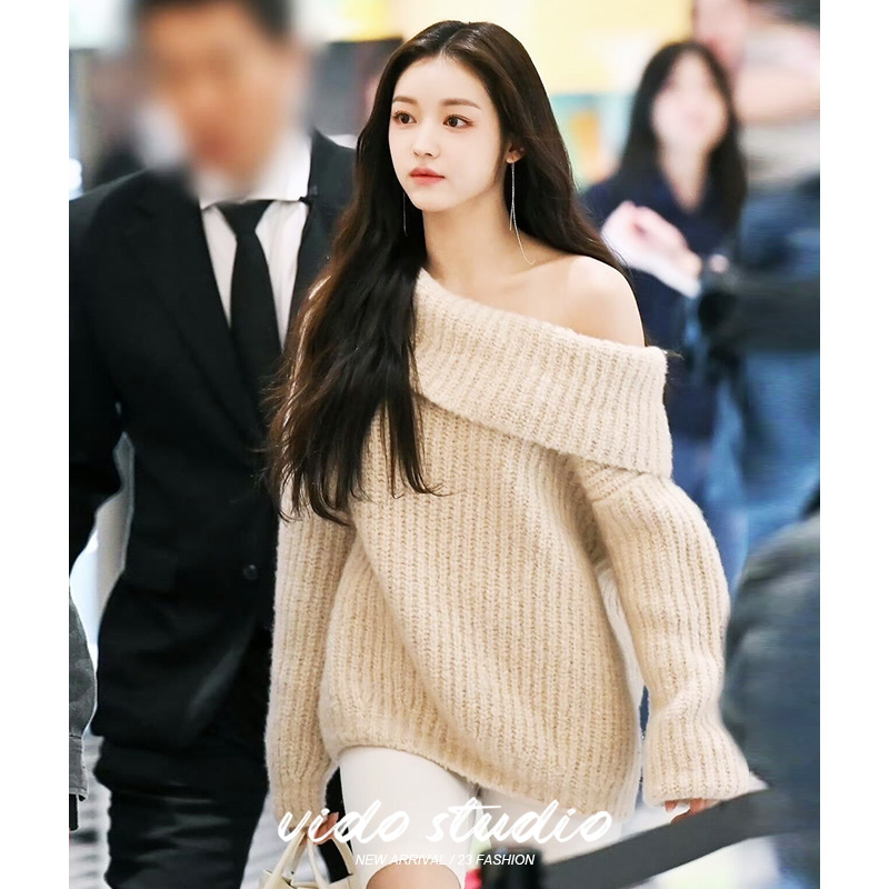 一字领宽松法式毛衣羊毛白月光