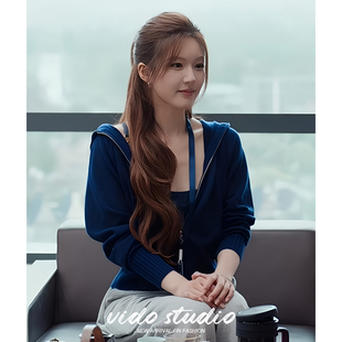 拉链休闲连帽外套秋 针织开衫 赵露思许我耀眼许妍同款 蓝色羊毛短款