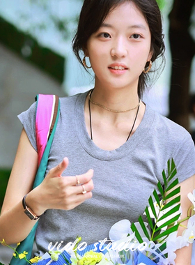 孙千同款灰色U领正肩短袖T恤女夏基础款修身纯色辣妹显瘦短款上衣