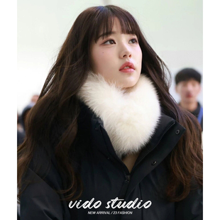 张元 白色毛毛围脖女秋冬狐狸毛皮草高级保暖毛领子真毛围巾 英同款