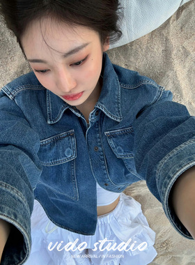 宁艺卓明星同款复古深蓝色大口袋长袖衬衫女秋季牛仔外套上衣夹克