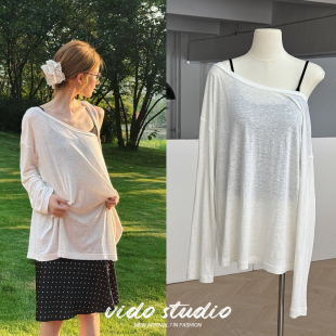 上衣女春夏 T恤一字肩慵懒感防晒罩衫 赵露思同款 白色宽松斜肩长袖