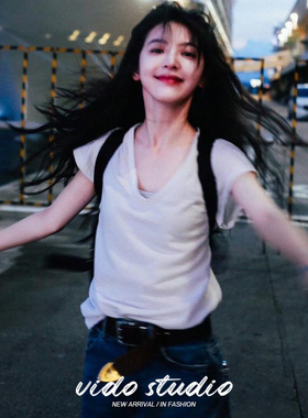 章若楠同款白色V领正肩短袖T恤女25夏新款休闲竹节棉松弛感上衣薄