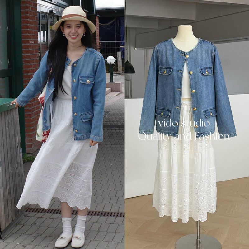 张婧仪同款复古牛仔外套女春显瘦百搭a字半裙半身裙长裙两件套装