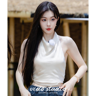 一枝南南同款缎面挂脖上衣性感大露背短款度假风纯欲辣妹背心女夏