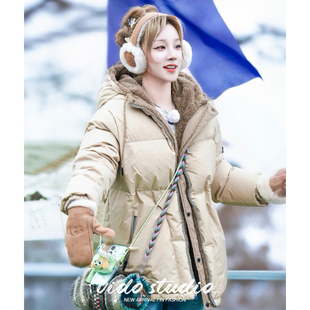 奔跑宋雨琦同款杏色羽绒服女宽松派克连帽外套内外穿双面抓绒夹克