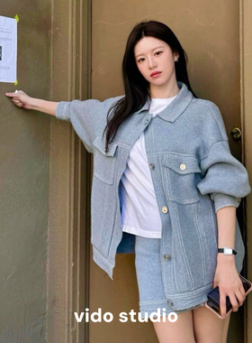 高允真同款浅蓝色韩系工装风外套短裙休闲针织半裙套装26早春新款