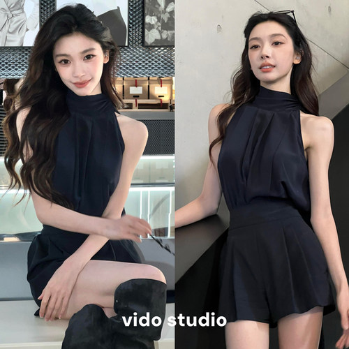 易梦玲同款挂脖无袖上衣女设计感显瘦气质辣妹飘带上衣短裤套装夏