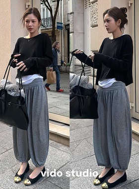 小众设计感宽松灯笼裤女灰色松弛慵懒感遛弯九分裤高腰休闲气球裤