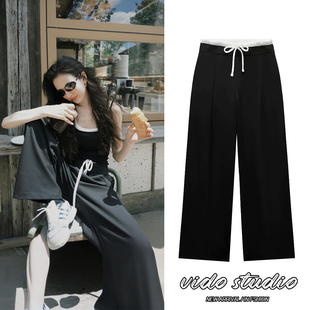 宋祖儿同款黑色阔腿裤女高腰直筒裤显瘦花苞休闲拖地抽绳长裤子春