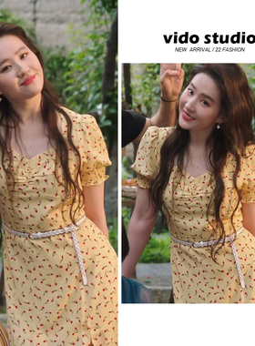 去有风的地方刘亦菲同款黄色小碎花泡泡袖连衣裙女法式气质茶歇裙