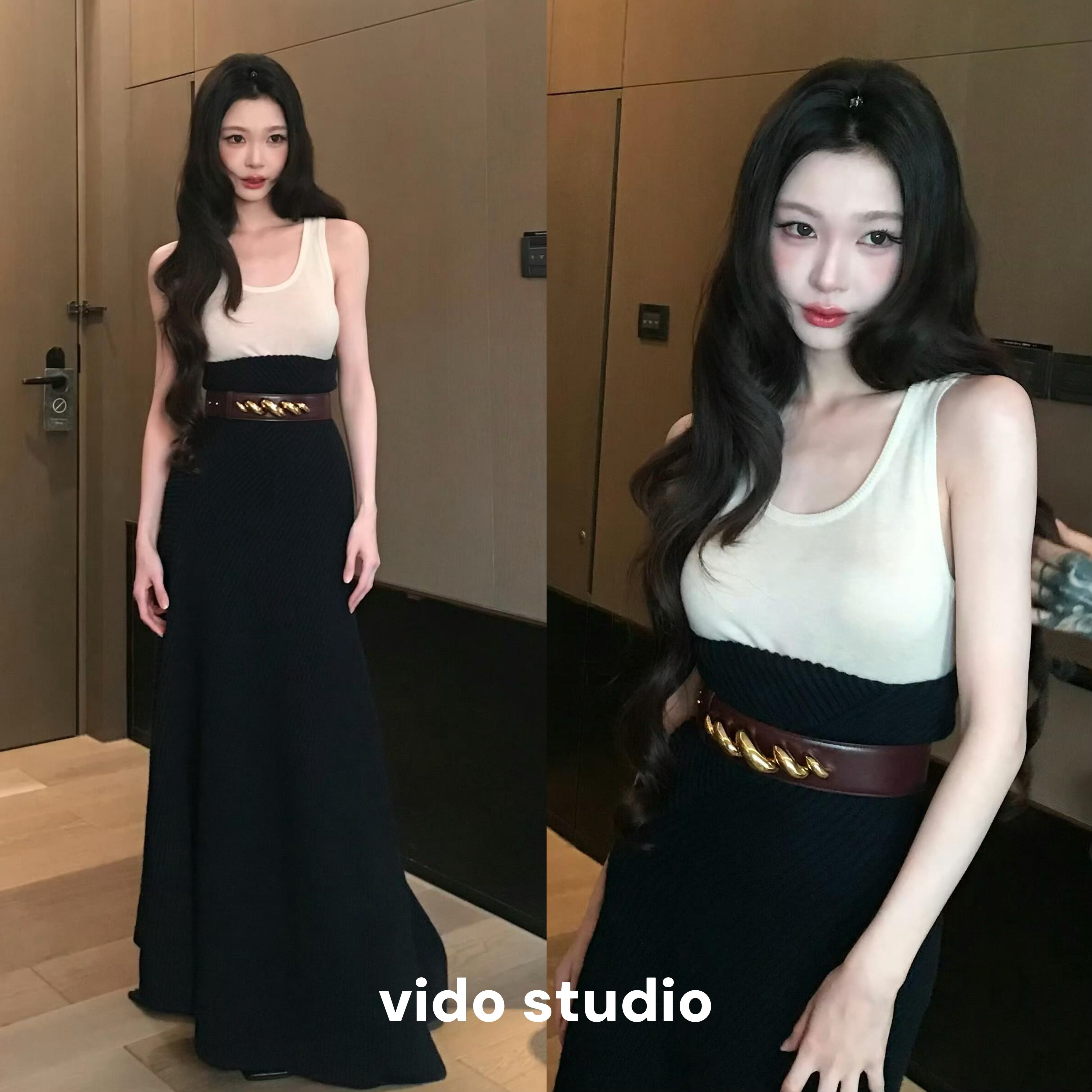 易梦玲同款撞色收腰包臀长裙女白色修身T恤背心半身裙两件套装春