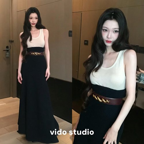 易梦玲同款修身T恤背心长裙套装
