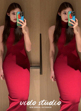 杨凯雯同款红色高领无袖针织连衣裙纯欲性感御姐打底内搭包臀长裙