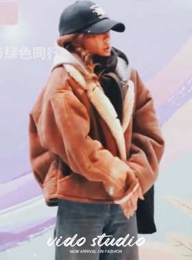 赵露思许妍同款棕色麂皮鹿皮绒羊羔毛外套女韩系短款仿皮草冬复古