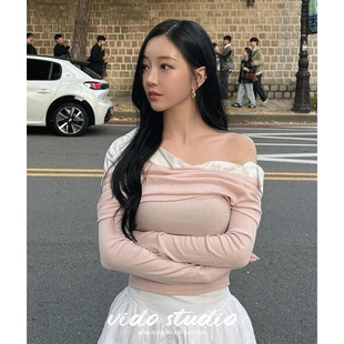 一枝南南同款一字肩上衣芭蕾风拼接针织斜肩甜妹纯欲风长袖t恤秋