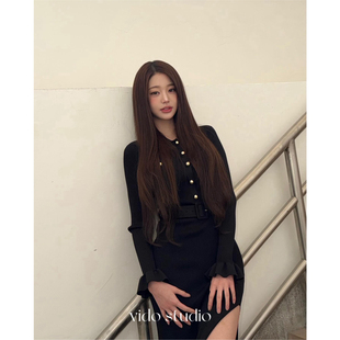 张元英同款黑色长袖针织连衣裙女26早春新收腰气质高级感显瘦长裙