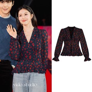 爱情怎么翻译高允真同款V领碎花长袖衬衫女26春短款复古法式上衣