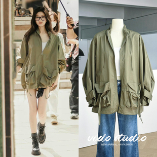 赵露思许妍同款军绿色工装外套女中长款韩系宽松立领复古风衣春薄