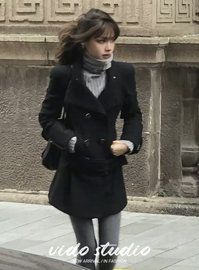 ranran博主同款黑色双排扣毛呢西装外套女修身气质高级感大衣冬