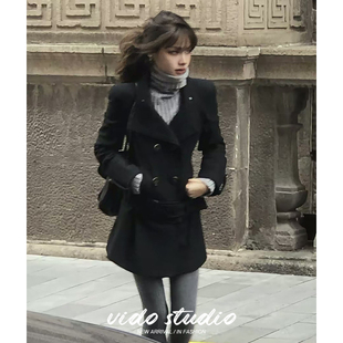 ranran博主同款黑色双排扣毛呢西装外套女修身气质高级感大衣冬