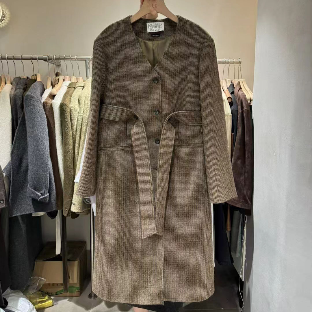 过膝羊毛格子外套大衣女复古