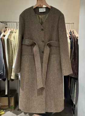 LASCELULA正品实体店同款高级感V领格纹100%羊毛外套女过膝大衣潮