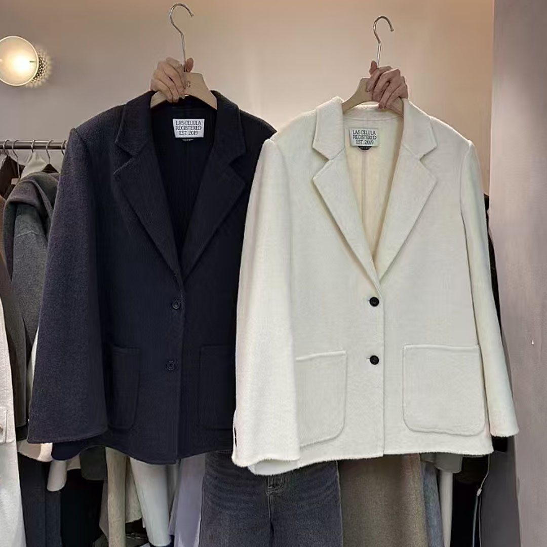 双面羊毛西装领宽松大衣女外套