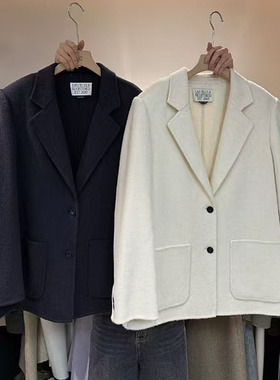 LAS CELULA正品实体店同款灰色西装领双面羊毛大衣女宽松毛呢外套