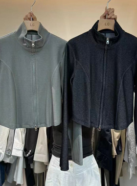 LAS CELULA正品实体店同款深灰色立领拉链长袖T恤女显瘦上衣开衫