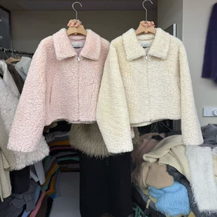 LAS CELULA正品实体店同款韩系翻领宽松仿羊羔毛皮毛一体短外套女