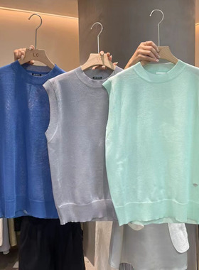 LAS CELULA正品实体店同款绿色圆领无袖针织背心女宽松百搭上衣潮