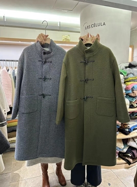 LAS CELULA正品实体店同款灰色立领牛角扣羊毛大衣女中长款外套冬