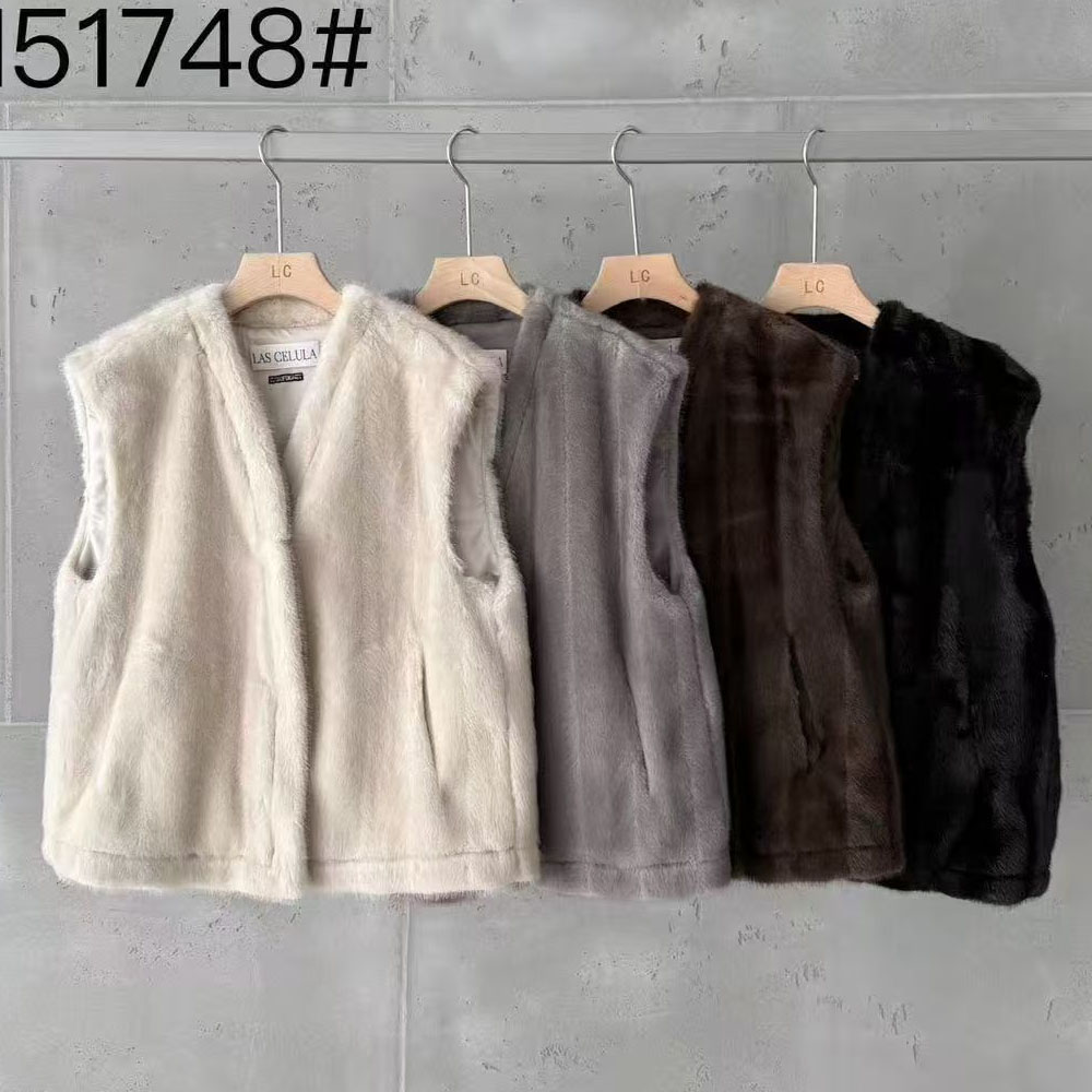 LAS CELULA正品实体店同款简约风V领皮毛一体马甲女无袖毛绒背心