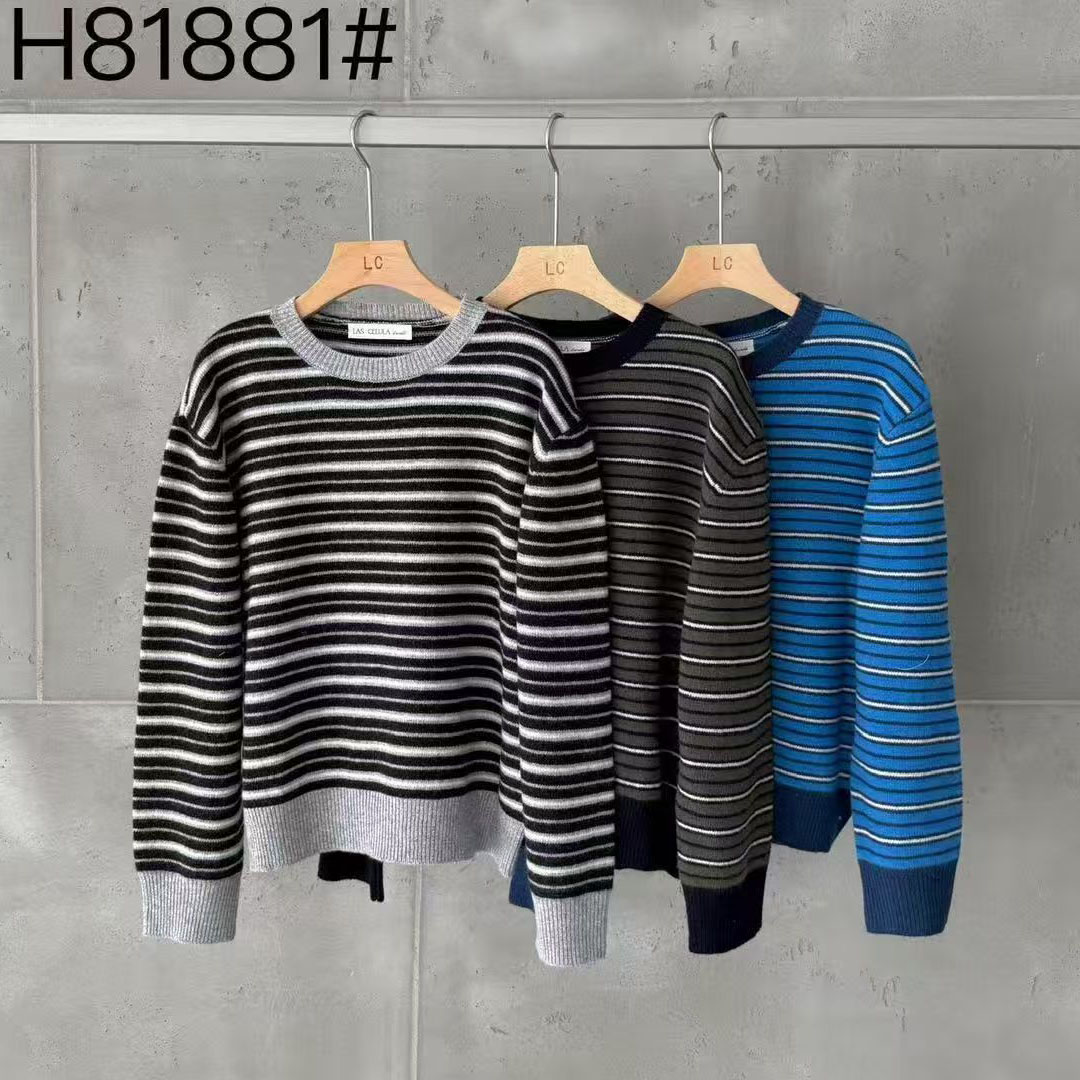 条纹圆领毛衣女套头羊毛针织衫