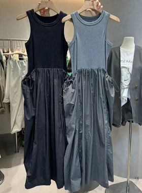 LAS CELULA正品实体店同款设计感黑色圆领拼接无袖背心裙女连衣裙