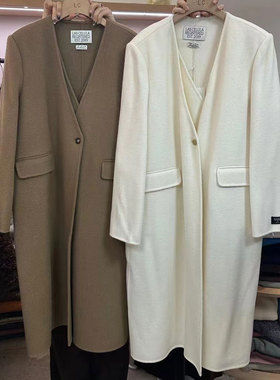 LASCELULA正品实体店同款白色V领长款假两件双面羊毛外套女大衣潮