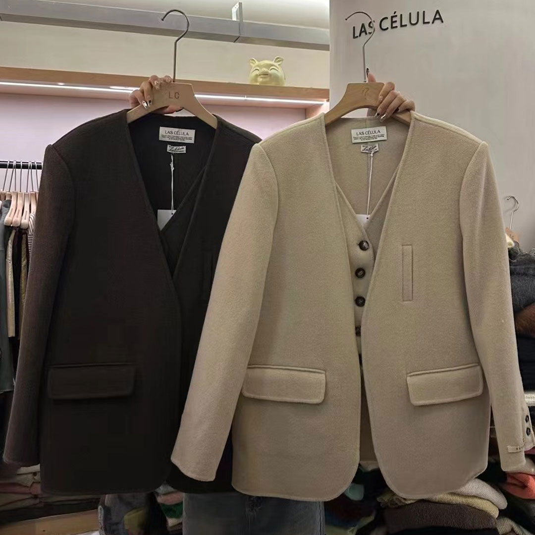 假两件V领双面羊毛外套羊绒大衣